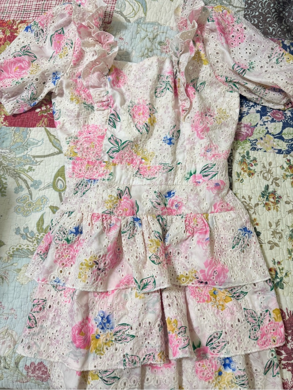 White Eyelet Floral Tiered Dress with Pink & Yellow Flowers